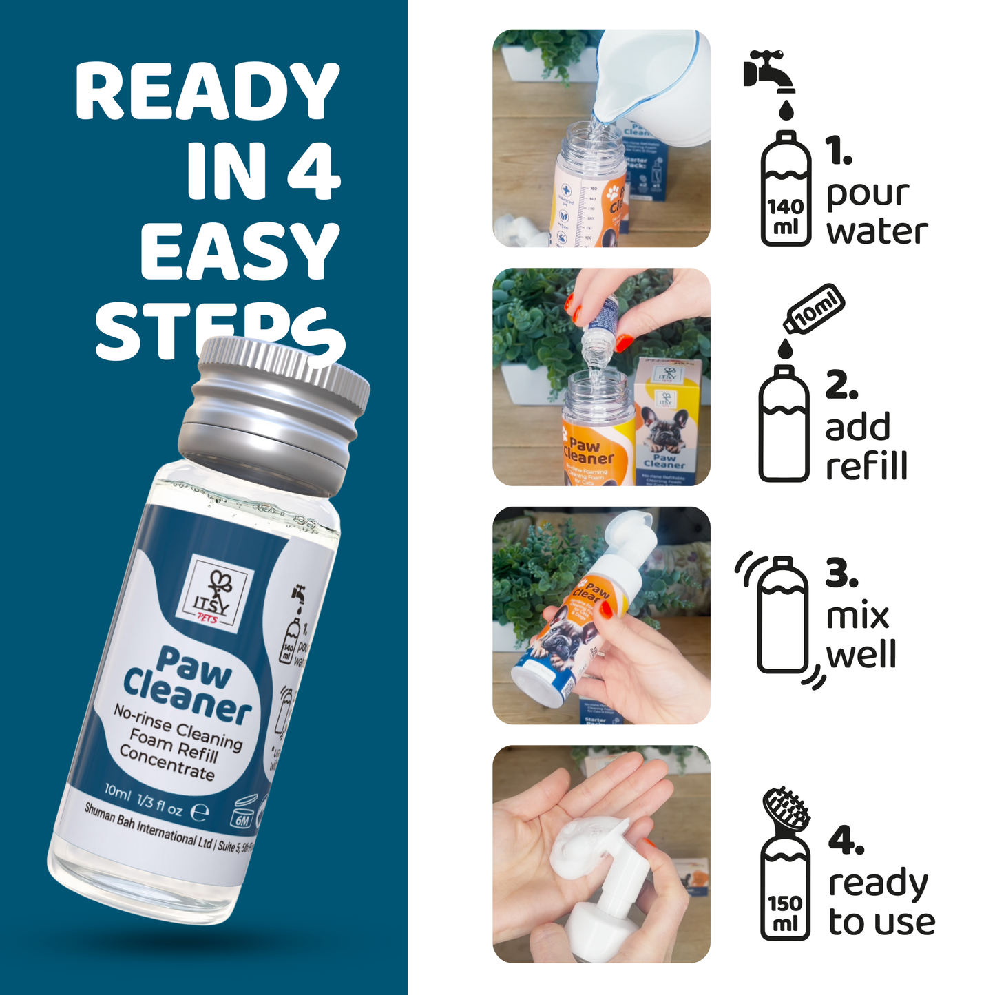 ITSY Pets (3-Pack) 10ml Plastic-Free Concentrated Refill for Foaming Paw Cleaner